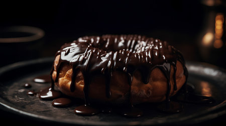 Chocolate donut with chocolate glaze on a dark background.の素材