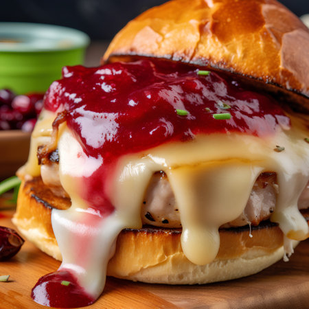 Hamburger with chicken fillet, cheese and cranberry sauceの素材