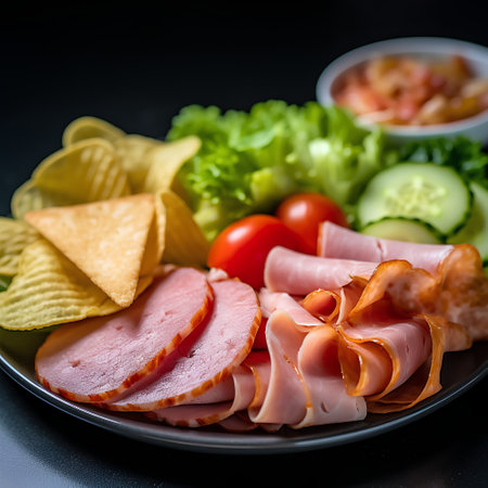 Slices of ham, salami, cheese, chips and vegetable salad on black backgroundの素材