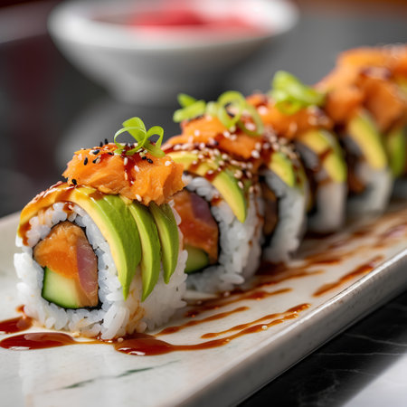 Sushi roll with salmon, avocado and cucumber on a plateの素材