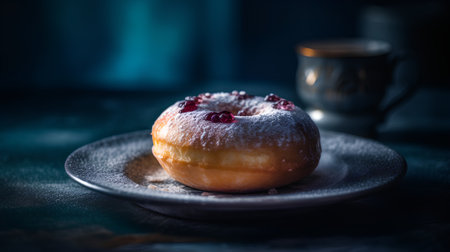 Delicious donuts with jam and cup of coffee on dark backgroundの素材