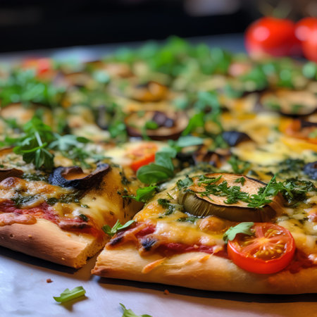Pizza with mushrooms, cheese and tomatoes on a wooden table.の素材