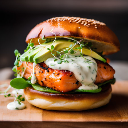 Hamburger with salmon, avocado and microgreens on wooden backgroundの素材