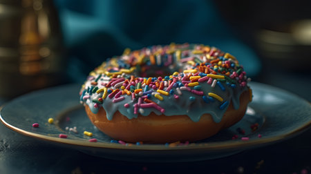 Delicious donut with colorful sprinkles on plate on dark backgroundの素材