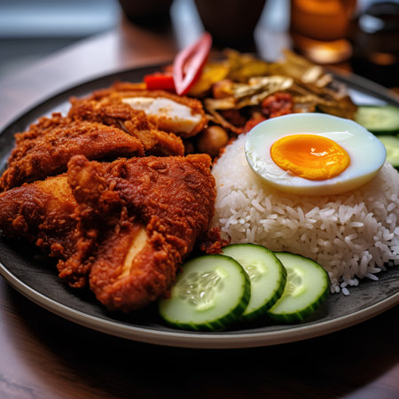 Crispy fried chicken with rice and fried egg on wooden tableの素材
