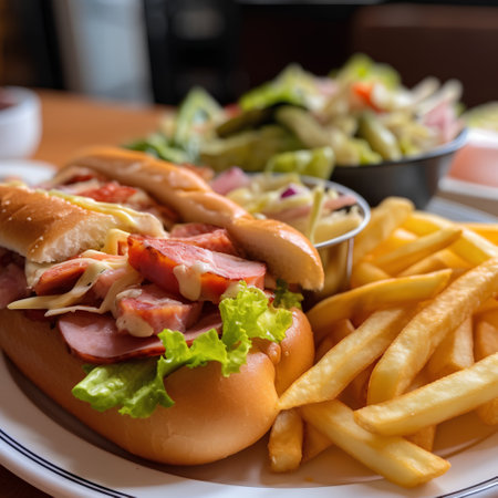 Hot dog with french fries and salad on a wooden table in a restaurantの素材