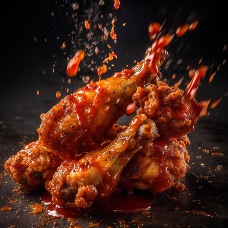 Fried chicken wings with tomato sauce on a black background. Selective focus.の素材