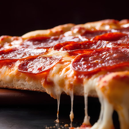 Pepperoni pizza with mozzarella cheese and tomato sauce on black backgroundの素材