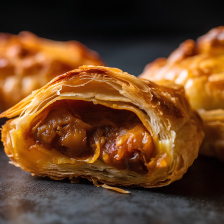 Baklava with meat and cheese on a black background.の素材