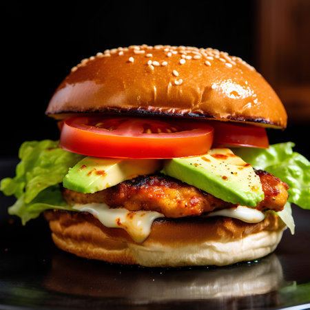 Burger with chicken and vegetables on a black background. Close up.の素材
