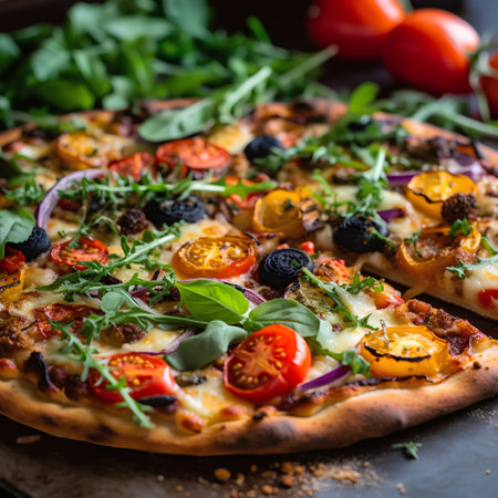 Pizza with tomatoes, mozzarella cheese, olives and arugulaの素材