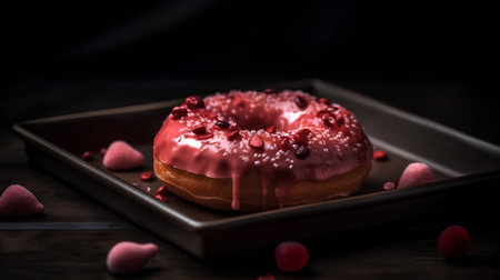 Donut with pink glaze and sprinkles on dark wooden backgroundの素材