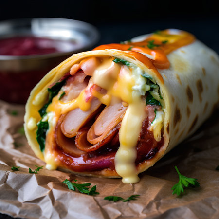 Burritos with ham, cheese and spinach. Fast food.の素材