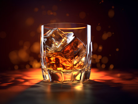 Whiskey glass with ice cubes on dark background. 3d illustrationの素材