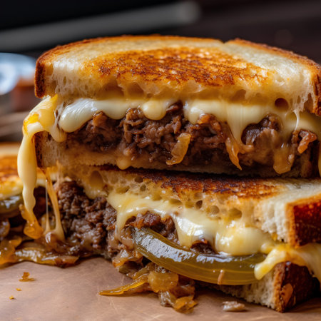 Beef Hamburger with Cheese and Onion on Bread. Fast Food.の素材