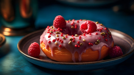 Delicious donut with glaze and raspberries on a blue background.の素材