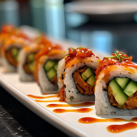 Sushi roll with salmon, avocado, cucumber and sesame seeds.の素材