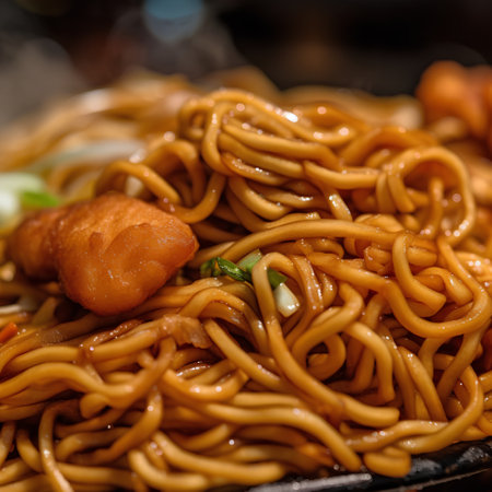 Yakisoba noodles in japanese restaurant, close up.の素材