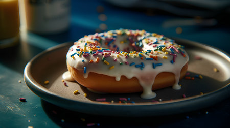 Donut with icing and colorful sprinkles on a plate on a dark backgroundの素材
