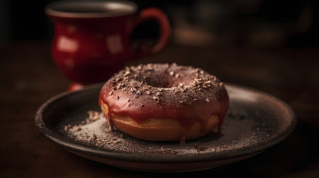 Donut with chocolate glaze and cup of coffee on wooden tableの素材