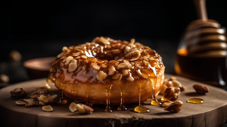 Donut with honey and nuts on a wooden background. Selective focus.の素材