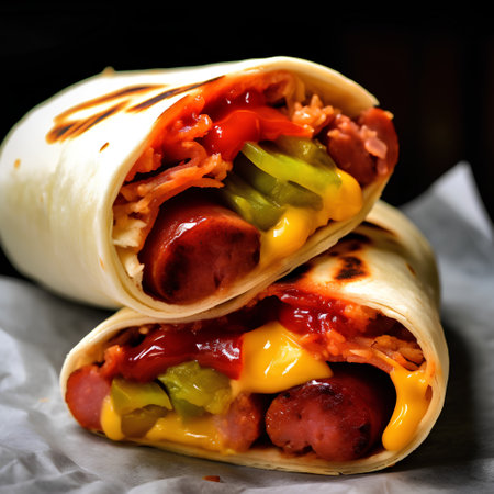 Tortilla wraps with sausages, ketchup and mustardの素材