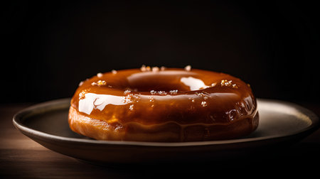 Delicious glazed donut with caramel glaze on dark backgroundの素材