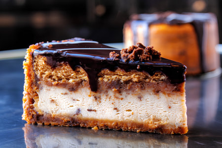 Delicious cheesecake with chocolate on a black background. Selective focus.の素材