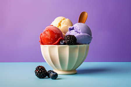 Blueberry, blackberry, strawberry and vanilla ice cream in bowl on blue backgroundの素材