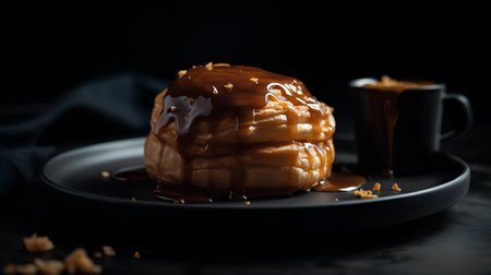 Caramelized apple with caramel sauce on a dark background, selective focus.の素材