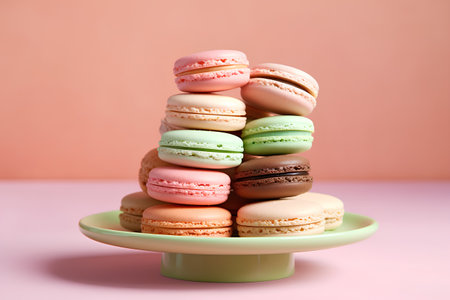 Colorful macaroons on pastel pink background. Square imageの素材