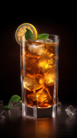 Cuba libre cocktail with ice cubes and lemon on dark backgroundの素材