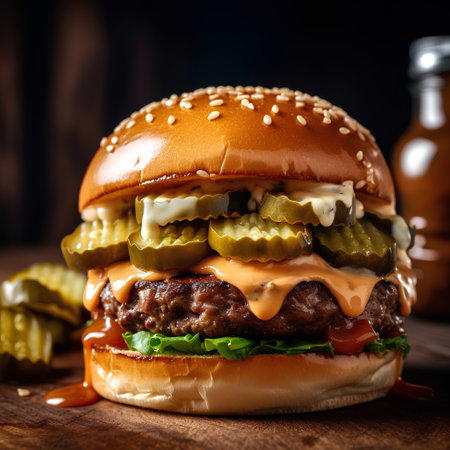 Cheese burger - American cheese burger with pickles on wooden backgroundの素材