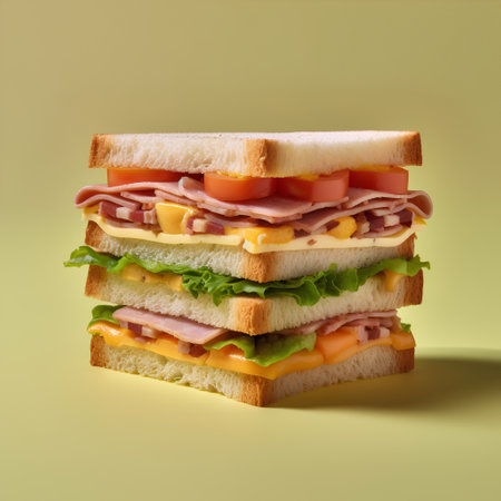 Sandwich with ham, cheese, tomato and lettuce on yellow backgroundの素材