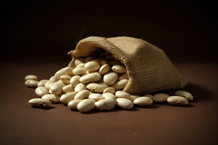 Soybeans in a burlap sack on a brown background.の素材