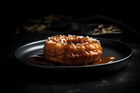 Donut with caramel sauce on a dark background. Selective focus.の素材