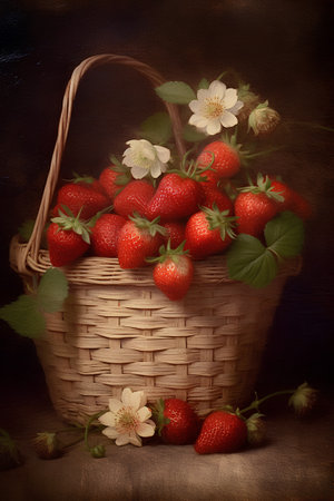 Strawberries in a wicker basket on a dark background.の素材