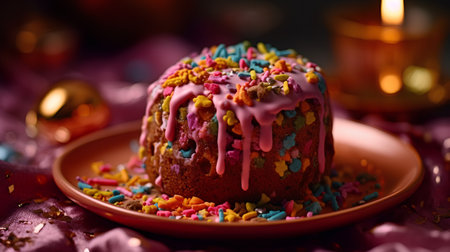 Easter cake with colorful sprinkles on a dark background. Selective focus.の素材