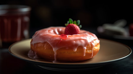 Donut with strawberry and strawberry sauce on a plate on a dark backgroundの素材