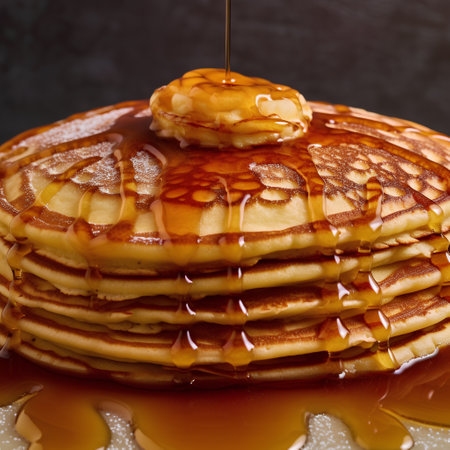 Pancakes with maple syrup and honey on a dark background.の素材