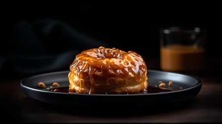 Caramel bundt cake with caramel sauce on a dark background.の素材