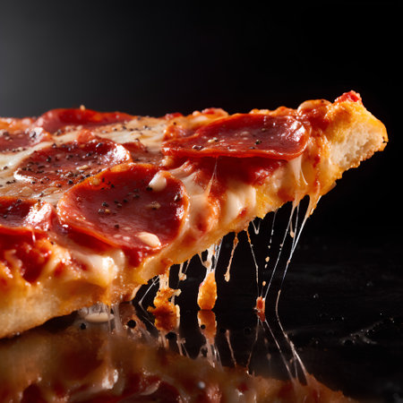 Pepperoni pizza slice with melted cheese on black background, closeupの素材