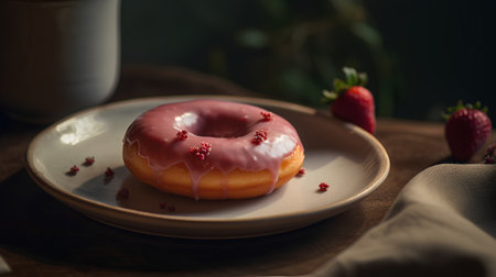 Donut with pink glaze and fresh berries on a plate.の素材