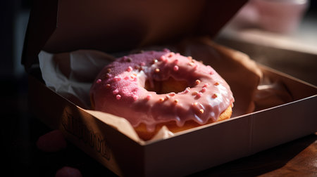 Donut with pink glaze in a box on a dark backgroundの素材