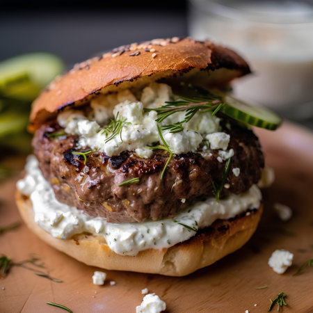 Grilled beef burger with cottage cheese, cucumber and dillの素材