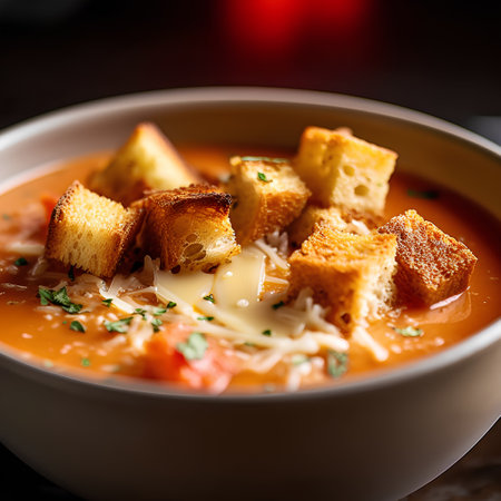 Tomato soup with cream and croutons in a bowl.の素材