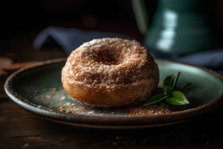 Donut sprinkled with powdered sugar on a plate. Dark background.の素材