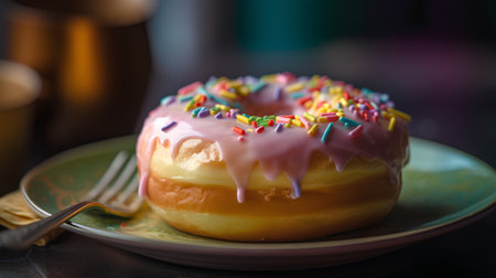 Donut with icing and colorful sprinkles on a dark background.の素材