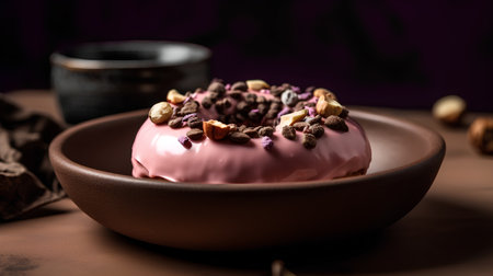 Pistachio cake with nuts in a ceramic bowl on a dark backgroundの素材