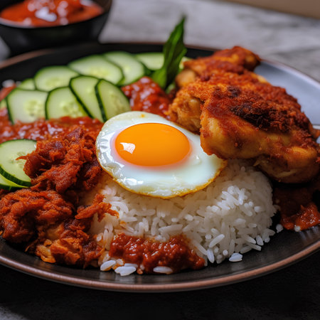 Rice with fried chicken and fried egg in a plate on the tableの素材